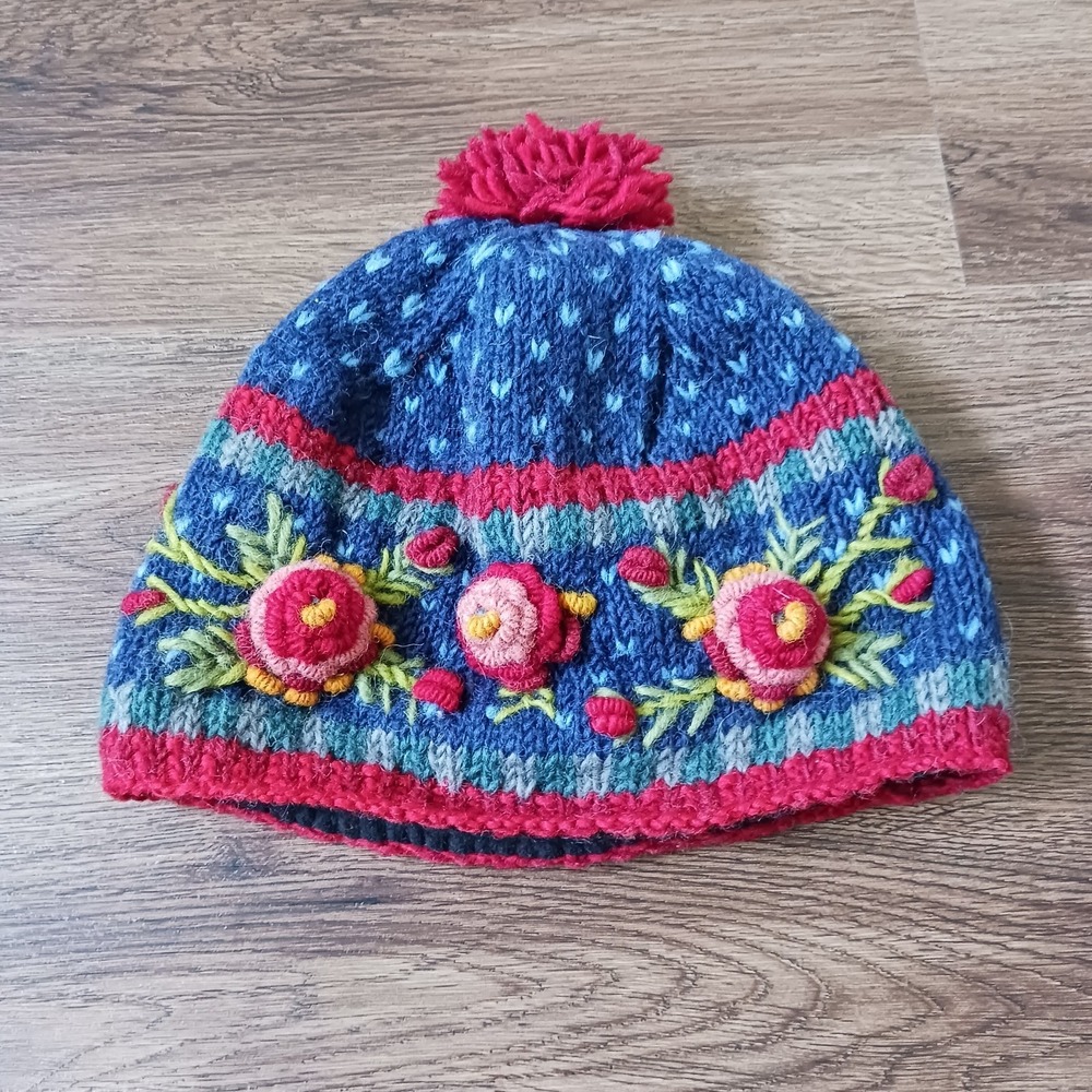 Lost Horizons Lined Floral Embroidered Wool Beanie Hat One Size